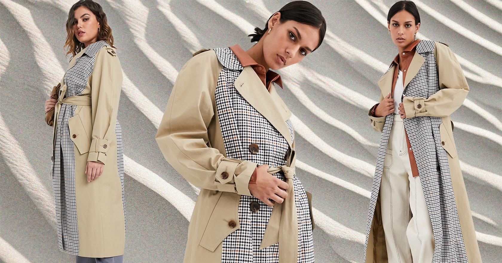 trench coat with check splicing